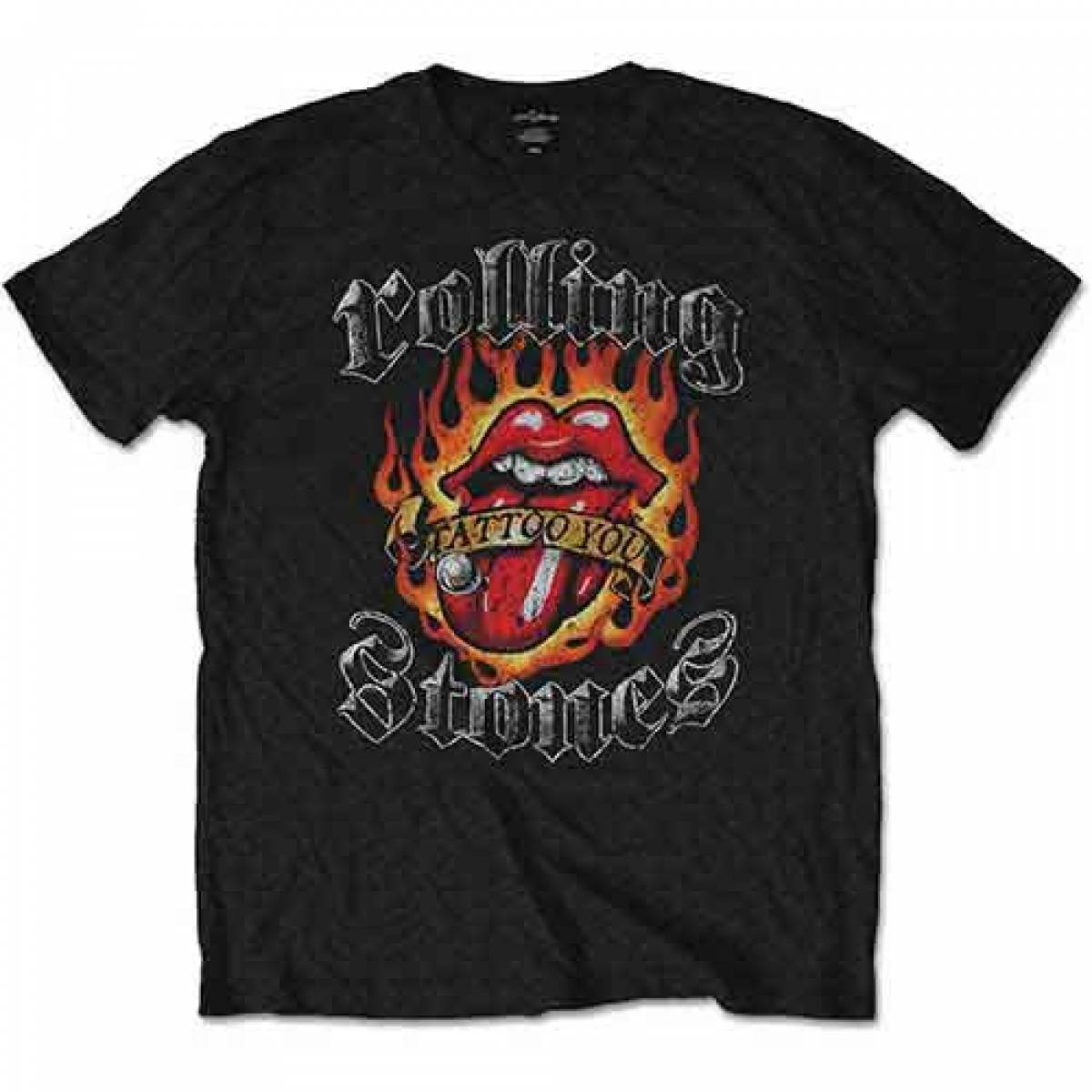 【予約商品】THE ROLLING STONES バンドTシャツ ユニセックス: Flaming Tattoo Tongue (Black) - BLACK