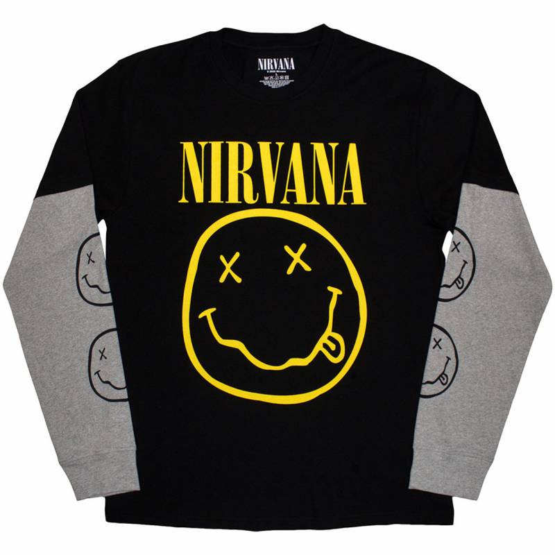 【予約商品】NIRVANA Unisex Layered Long Sleeve バンドTシャツ: Yellow Happy Face (Black & Grey) (Sleeve Print)