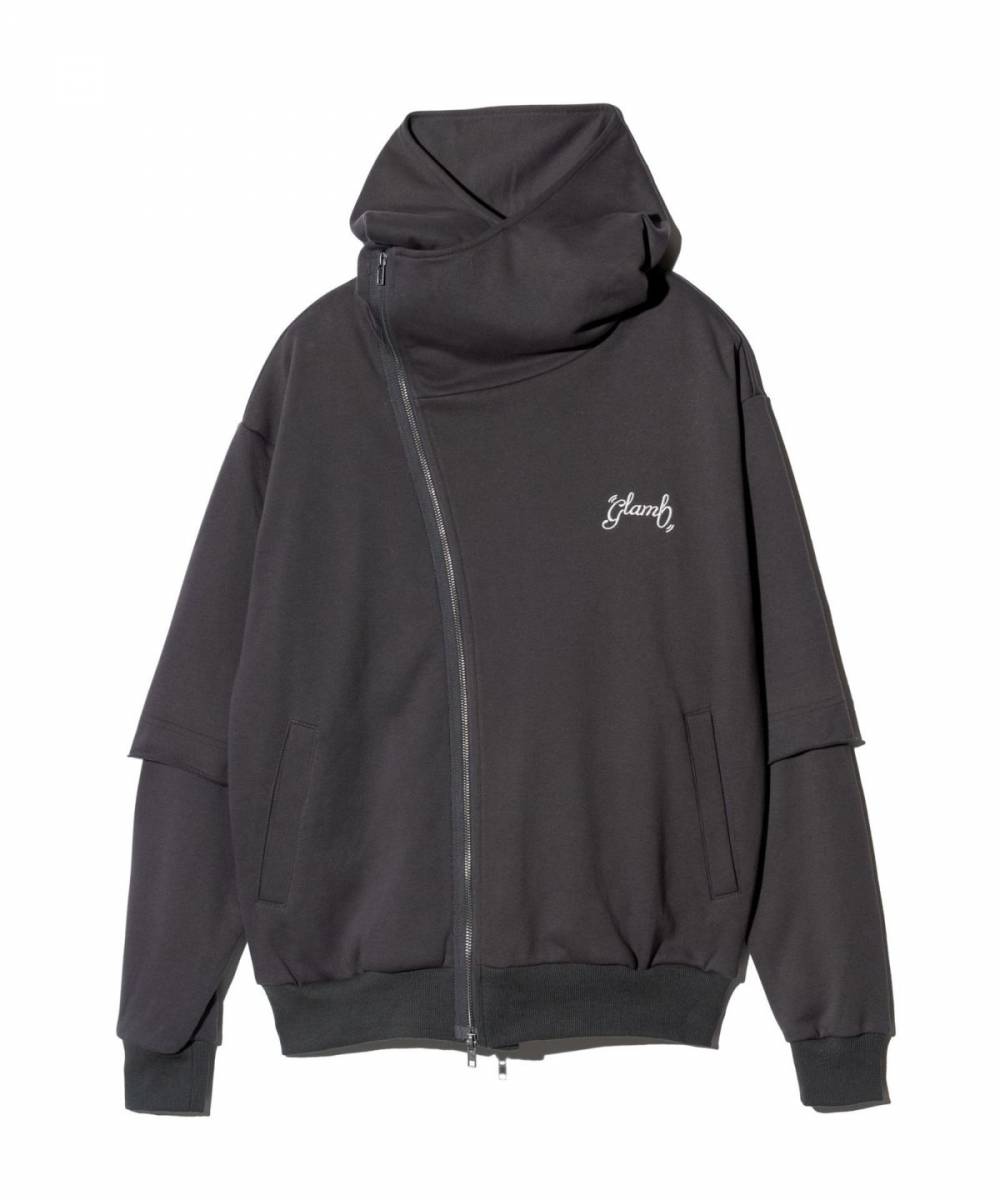【予約商品】glamb(GB0125/CS21 : Asymmetry Layered Hoodie / アシンメトリーレイヤードフーディ - Charcoal