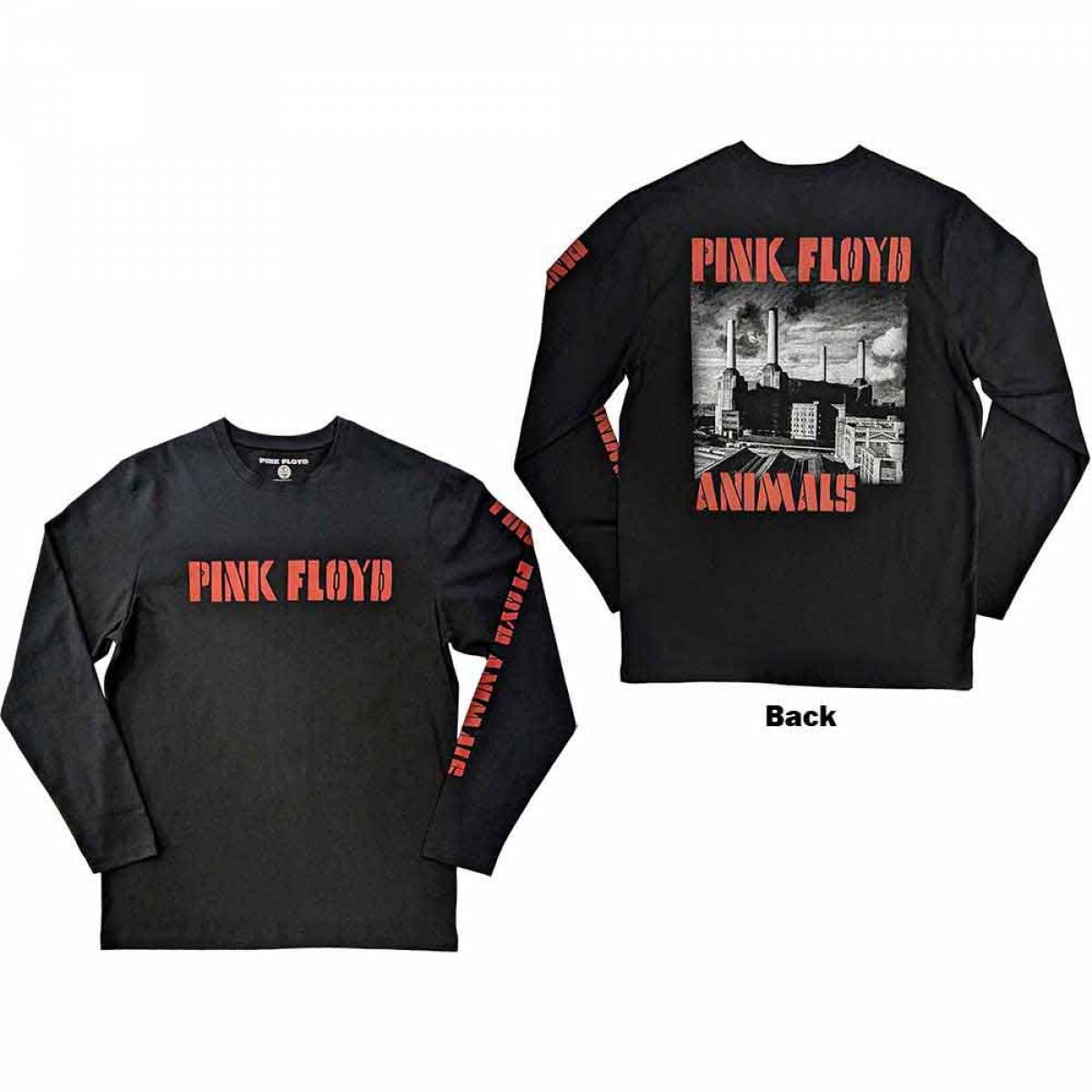 【予約商品】PINK FLOYD Unisex Long Sleeve バンドTシャツ: Animals B&W (Black) (Back & Sleeve Print) - BLACK