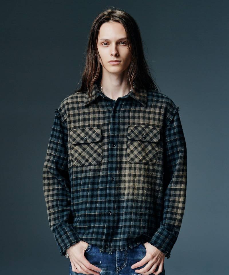 【予約商品】glamb(グラム) Bleach Check Shirt / ブリーチチェックシャツ - Black