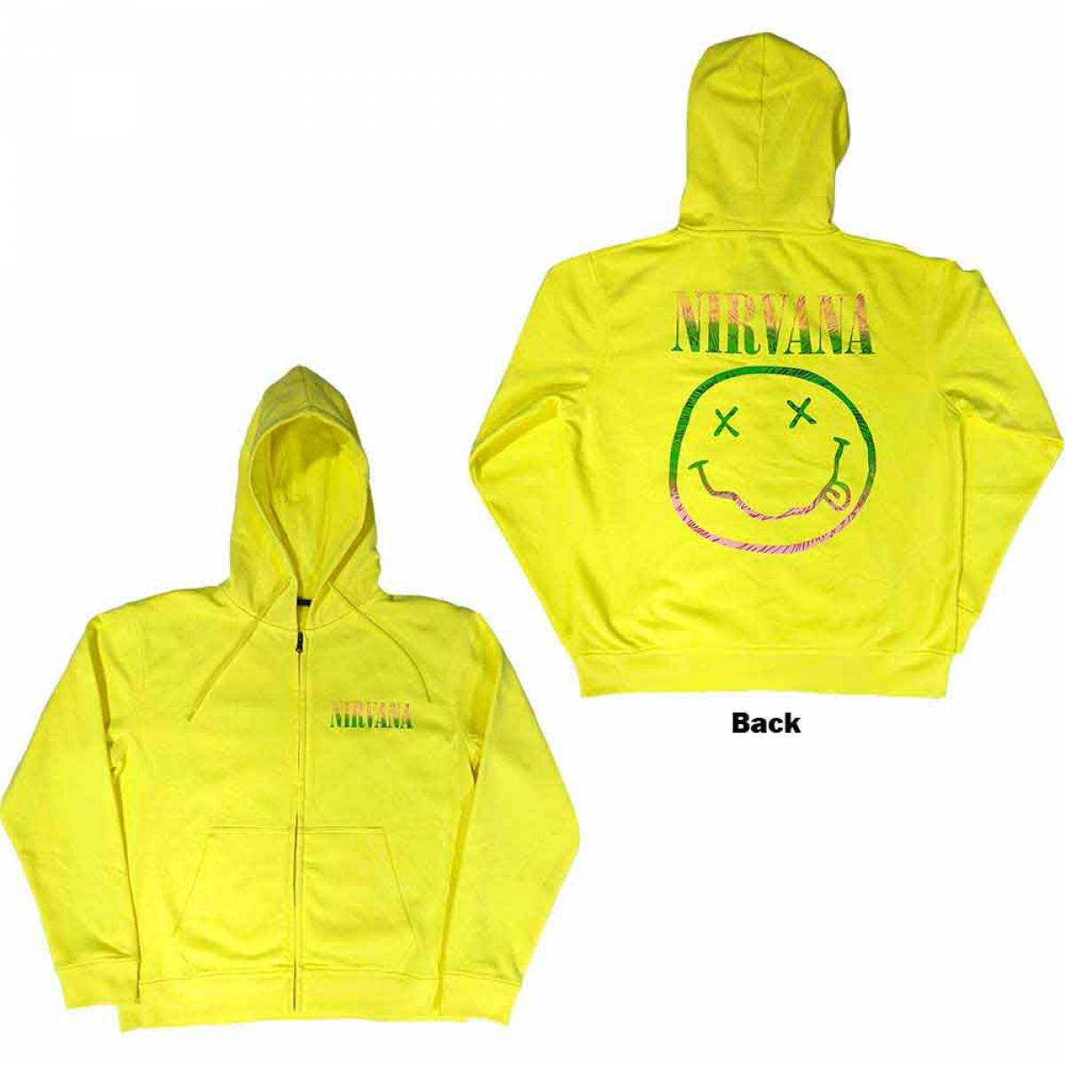 【予約商品】NIRVANA Unisex Zipped Hoodie: Sorbet Ray Happy Face (Neon Yellow) (Back Print) - NEON YELLOW