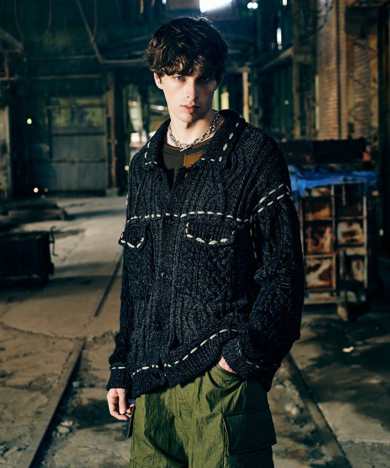 【予約商品】glamb(グラム) Damage Knit Jacket / ダメージニットジャケット - Black