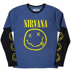 【予約商品】NIRVANA Unisex Layered Long Sleeve バンドTシャツ: Yellow Happy Face (Denim Blue & Black) (Sleeve Print)