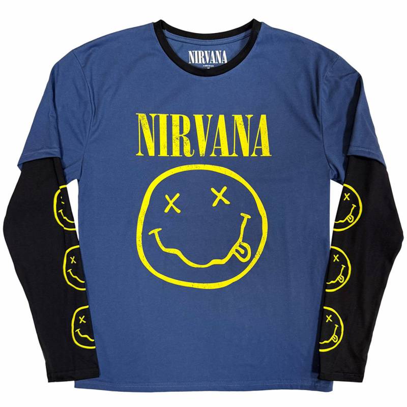 【予約商品】NIRVANA Unisex Layered Long Sleeve バンドTシャツ: Yellow Happy Face (Denim Blue & Black) (Sleeve Print)