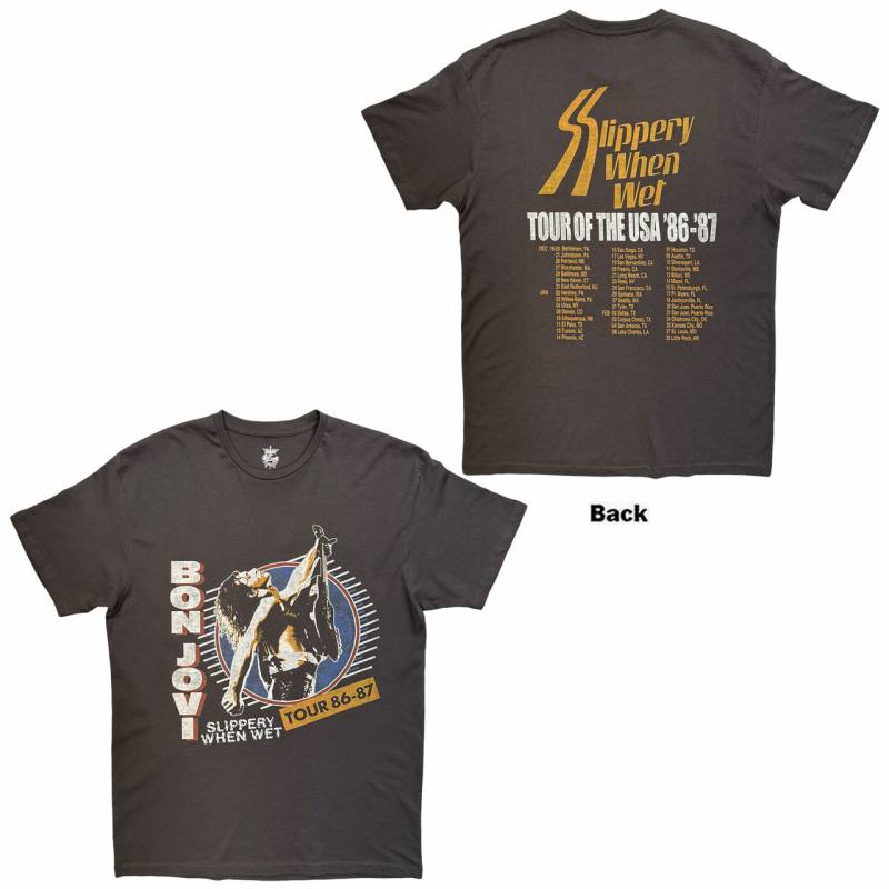 【予約商品】BON JOVI バンドTシャツ ユニセックス: Slippery When Wet Tour '86-'87 (Charcoal Grey)