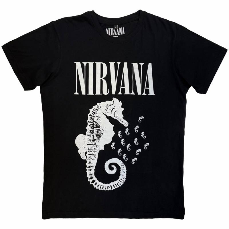 【予約商品】NIRVANA Unisex Premium Carbon バンドTシャツ: Seahorse & Logo Mono (Black)