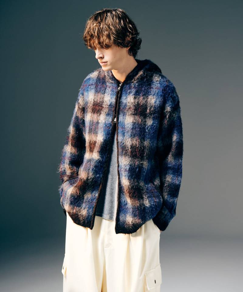 【予約商品】glamb(グラム)Check Knit Hoodie / チェックニットフーディー - Blue