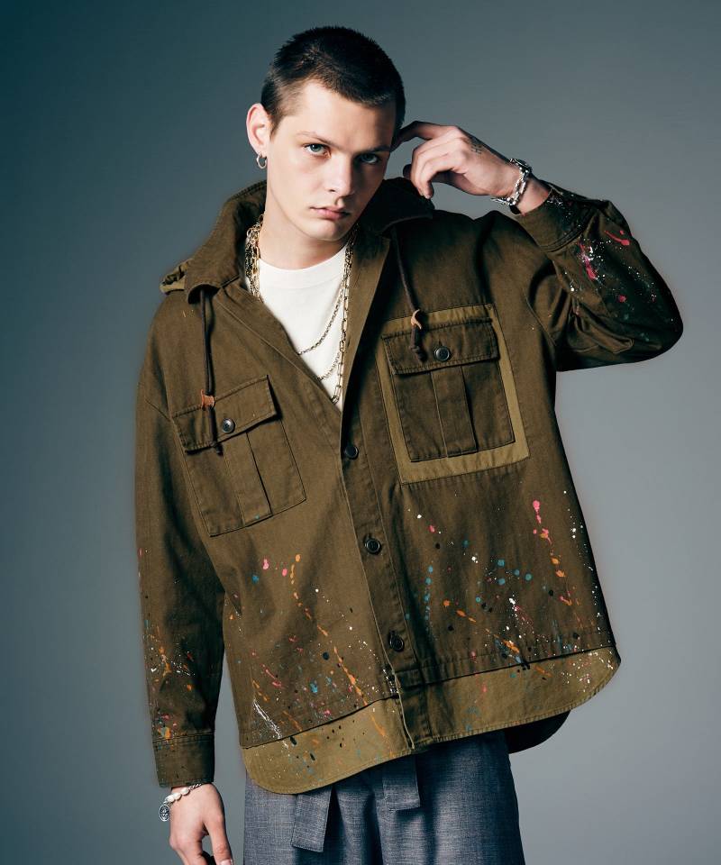 【予約商品】glamb(グラム) Remake Hood Military Shirt / リメイクフードミリタリーシャツ - Khaki