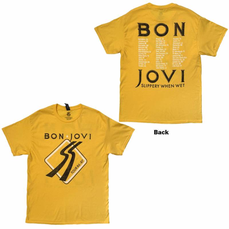 【予約商品】BON JOVI バンドTシャツ ユニセックス: Tour '87 Road Sign (Yellow) (Back Print)