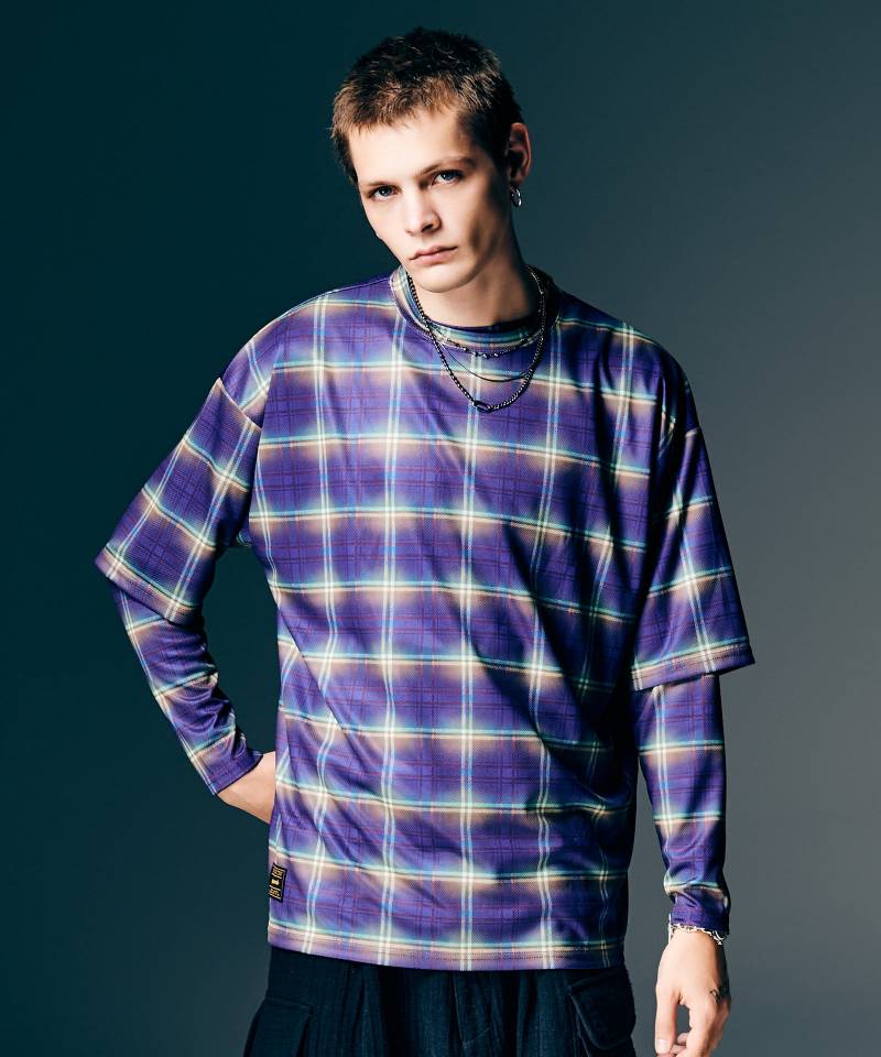 【予約商品】glamb(グラム)Tech Mesh Check T-Shirt / テックメッシュチェックTシャツ - Purple