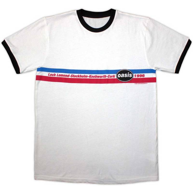 【予約商品】OASIS Unisex Ringer バンドTシャツ: 1996 Tour Horizontal Stripes (White)