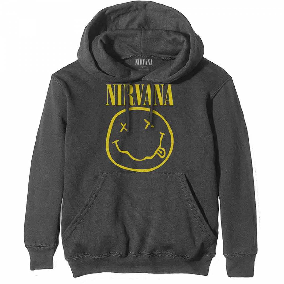 【予約商品】NIRVANA Unisex Pullover Hoodie: Yellow Happy Face (Charcoal Grey) - CHARCOAL GREY
