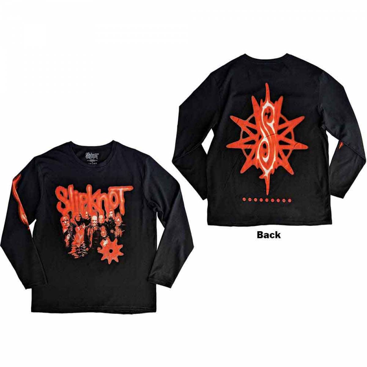 【予約商品】SLIPKNOT Unisex Long Sleeve バンドTシャツ: The End, So Far Group Photo Tribal-S Nonagram (Black) (Back & Sleeve Print) - BLACK