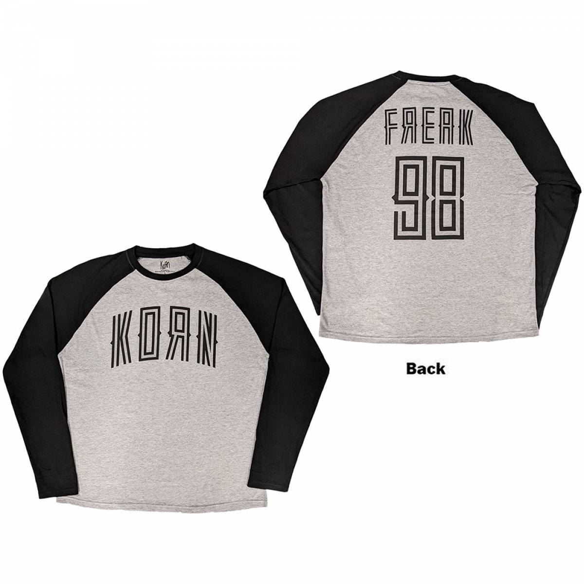 【予約商品】KORN Unisex Raglan バンドTシャツ: Freak '98 (Black & Grey) (Back Print) - BLACK & GREY