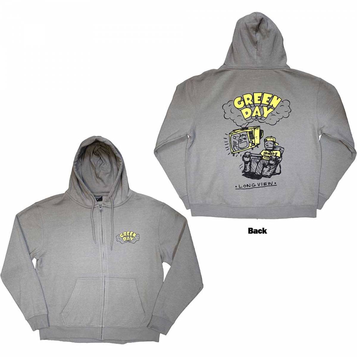 GREEN DAY Unisex Zipped Hoodie: Longview Doodle (Back Print) - GREY