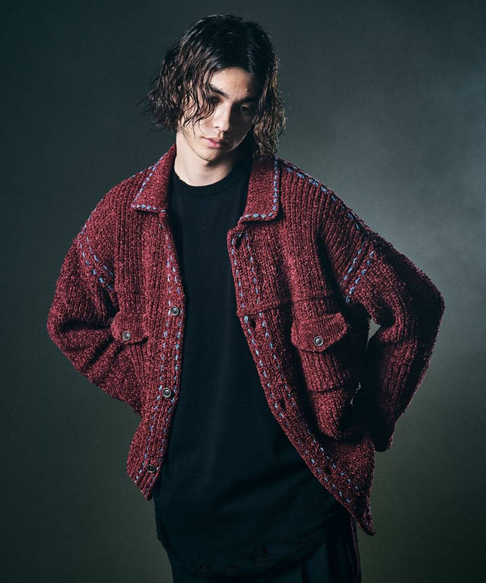 【予約商品】glamb (グラム)GB0422/JKT07 : Stitch Knit JKT / ステッチニットジャケット - Wine