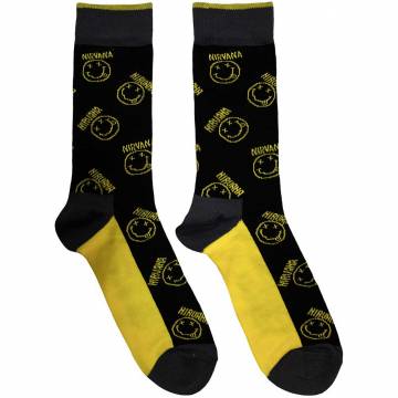 【予約商品】NIRVANA Unisex Ankle Socks: Yellow Happy Face Pattern (Black) (UK Size 6 - 11) - BLACK