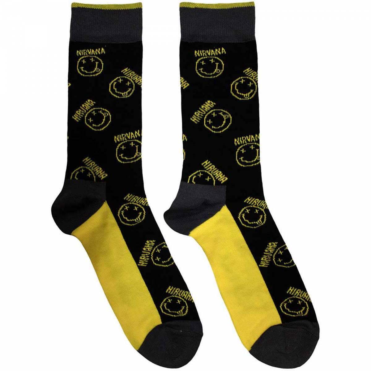 【予約商品】NIRVANA Unisex Ankle Socks: Yellow Happy Face Pattern (Black) (UK Size 6 - 11) - BLACK