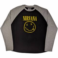 【予約商品】NIRVANA Unisex Raglan バンドTシャツ: Yellow Happy Face (Black & Grey)
