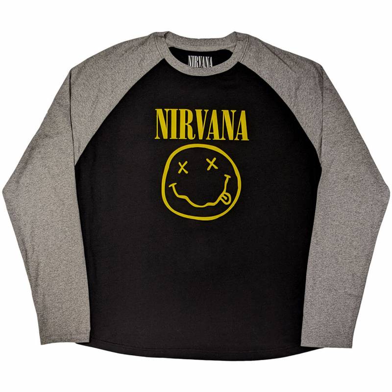 【予約商品】NIRVANA Unisex Raglan バンドTシャツ: Yellow Happy Face (Black & Grey)