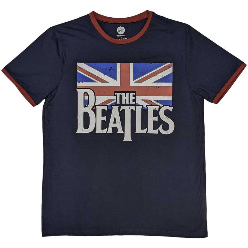 【予約商品】THE BEATLES Unisex Ringer バンドTシャツ: Drop T Logo & Vintage Flag (Navy Blue)