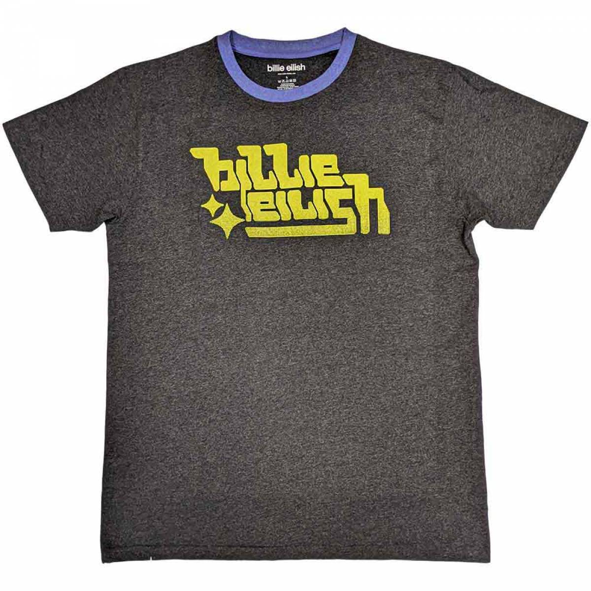【予約商品】BILLIE EILISH Unisex Ringer バンドTシャツ: Neon Green Logo - CHARCOAL GREY