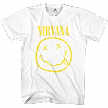 【予約商品】NIRVANA バンドTシャツ ユニセックス: Yellow Happy Face (White) - WHITE