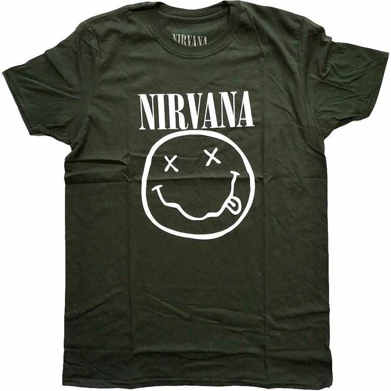 【予約商品】NIRVANA バンドTシャツ ユニセックス: White Happy Face (Dark Green)