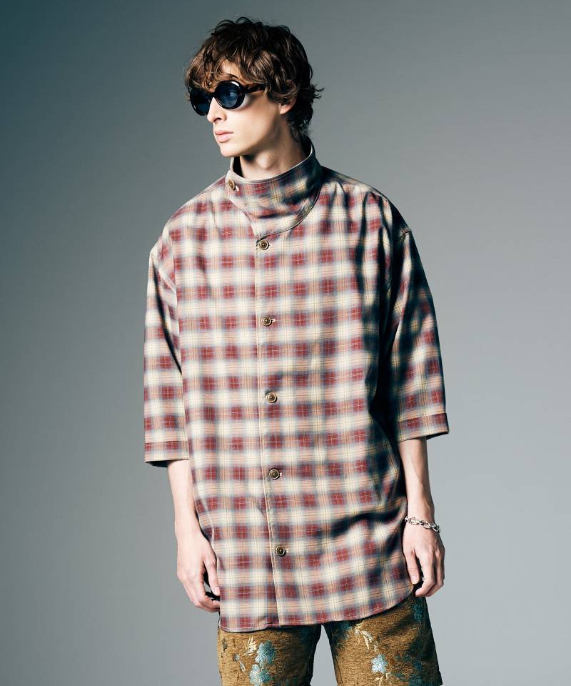 【予約商品】glamb(グラム) Stand Collar Check Shirt / スタンドカラーチェックシャツ - Brown