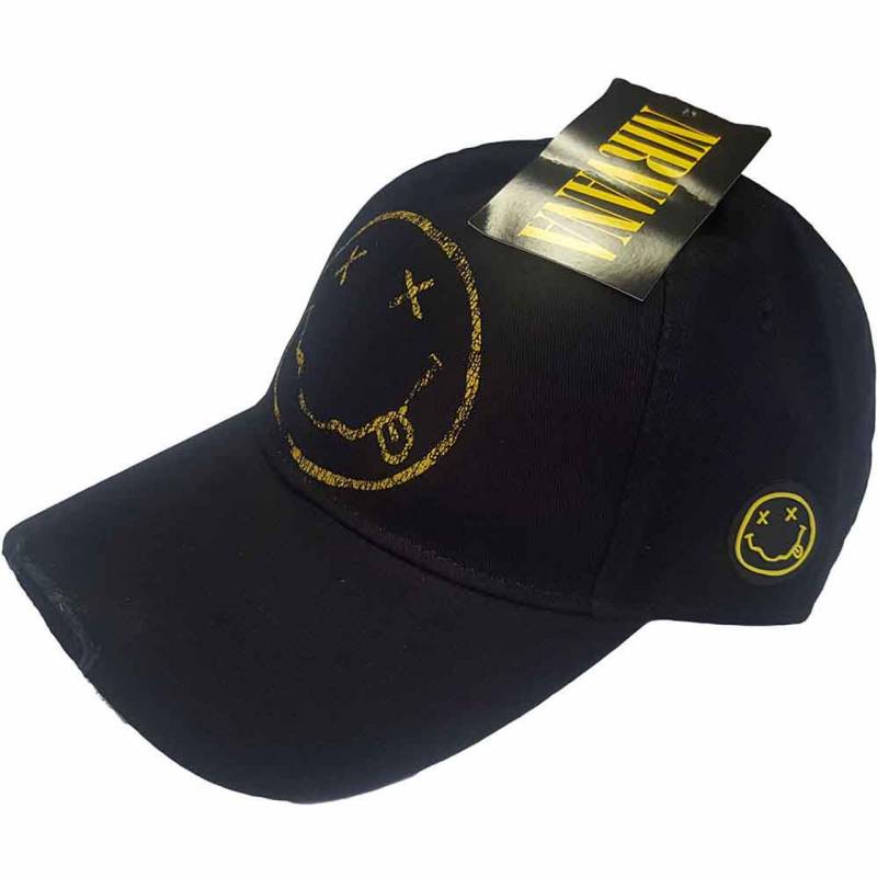 【予約商品】NIRVANA Unisex Baseball Cap: Happy Face (Black) (Distressed)