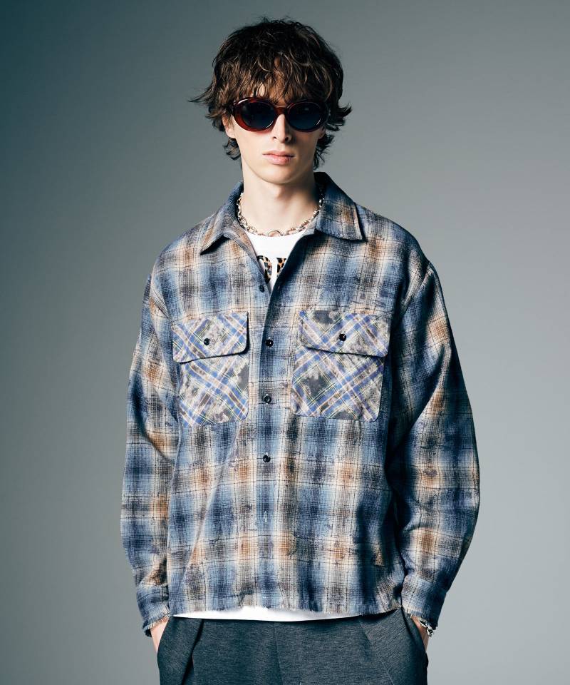 【予約商品】glamb(グラム) Grunge Stain Check Shirt / グランジステインチェックシャツ - Blue