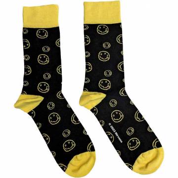 【予約商品】NIRVANA Unisex Ankle Socks: Outline Happy Faces (Black) (UK Size 4 - 7) - BLACK