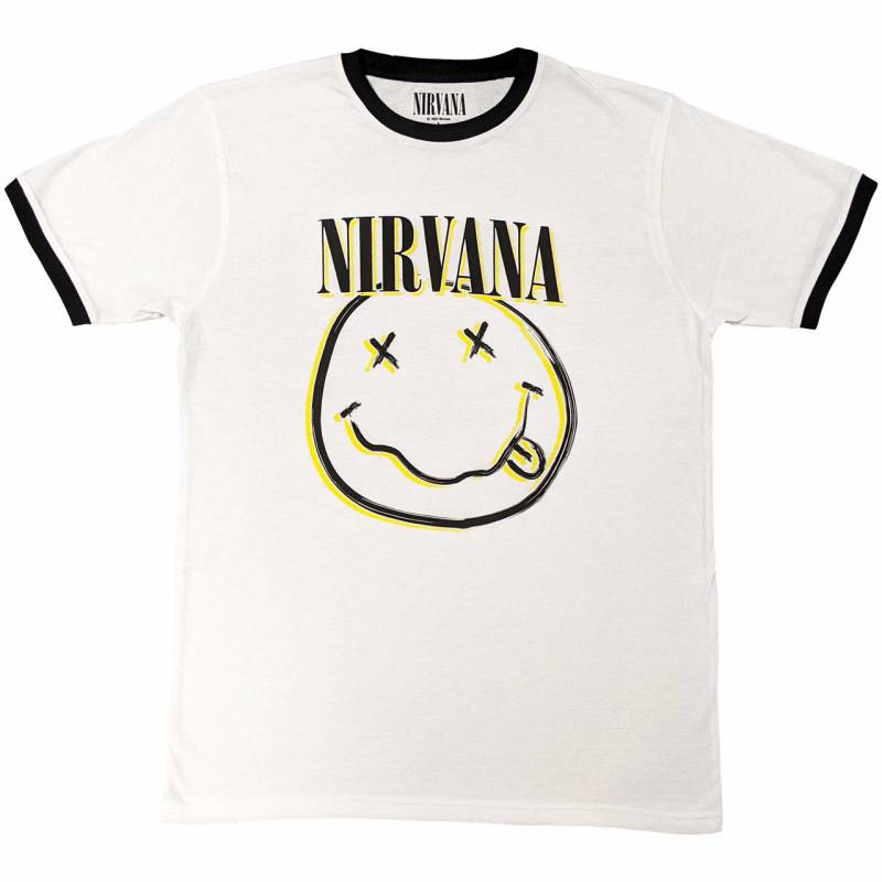 【予約商品】NIRVANA Unisex Ringer バンドTシャツ: Double Happy Face (White)