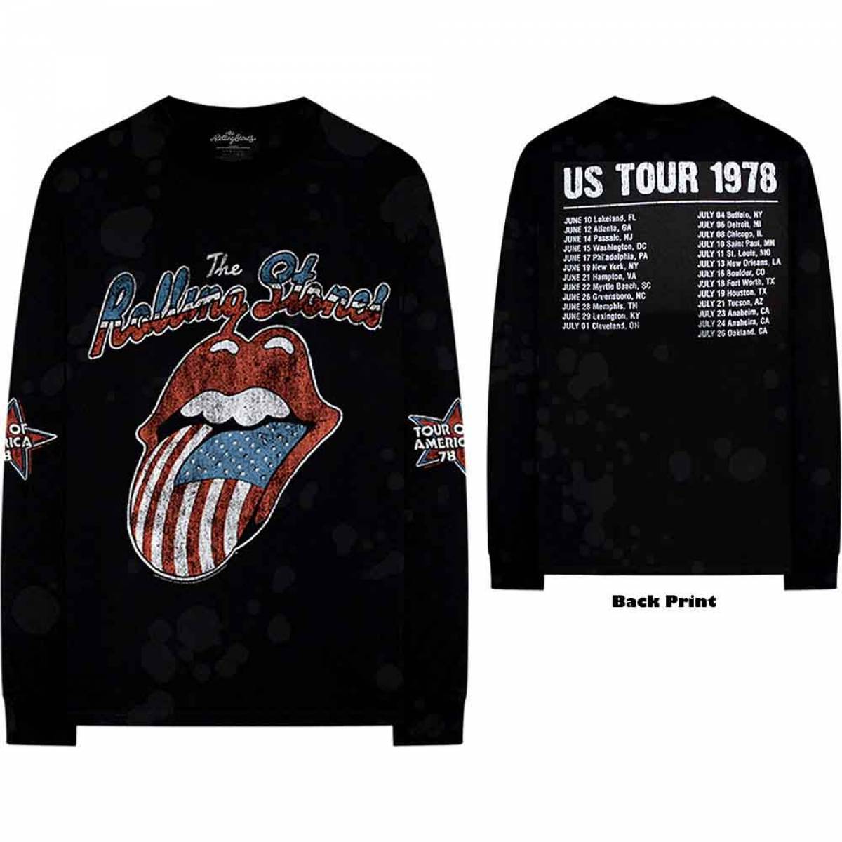 【予約商品】THE ROLLING STONES Unisex Long Sleeve バンドTシャツ: US Tour '78 (Black) (Back & Sleeve Print) - BLACK