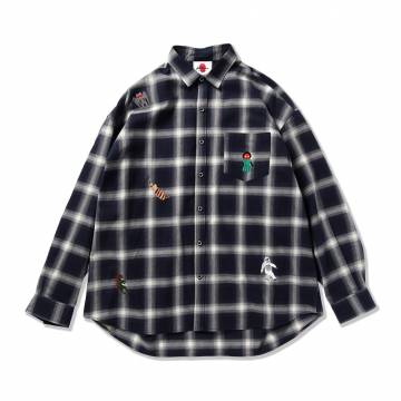 【予約商品】PUNK DRUNKERS (パンクドランカーズ) UMA刺繍シャツ - WHITE CHECK