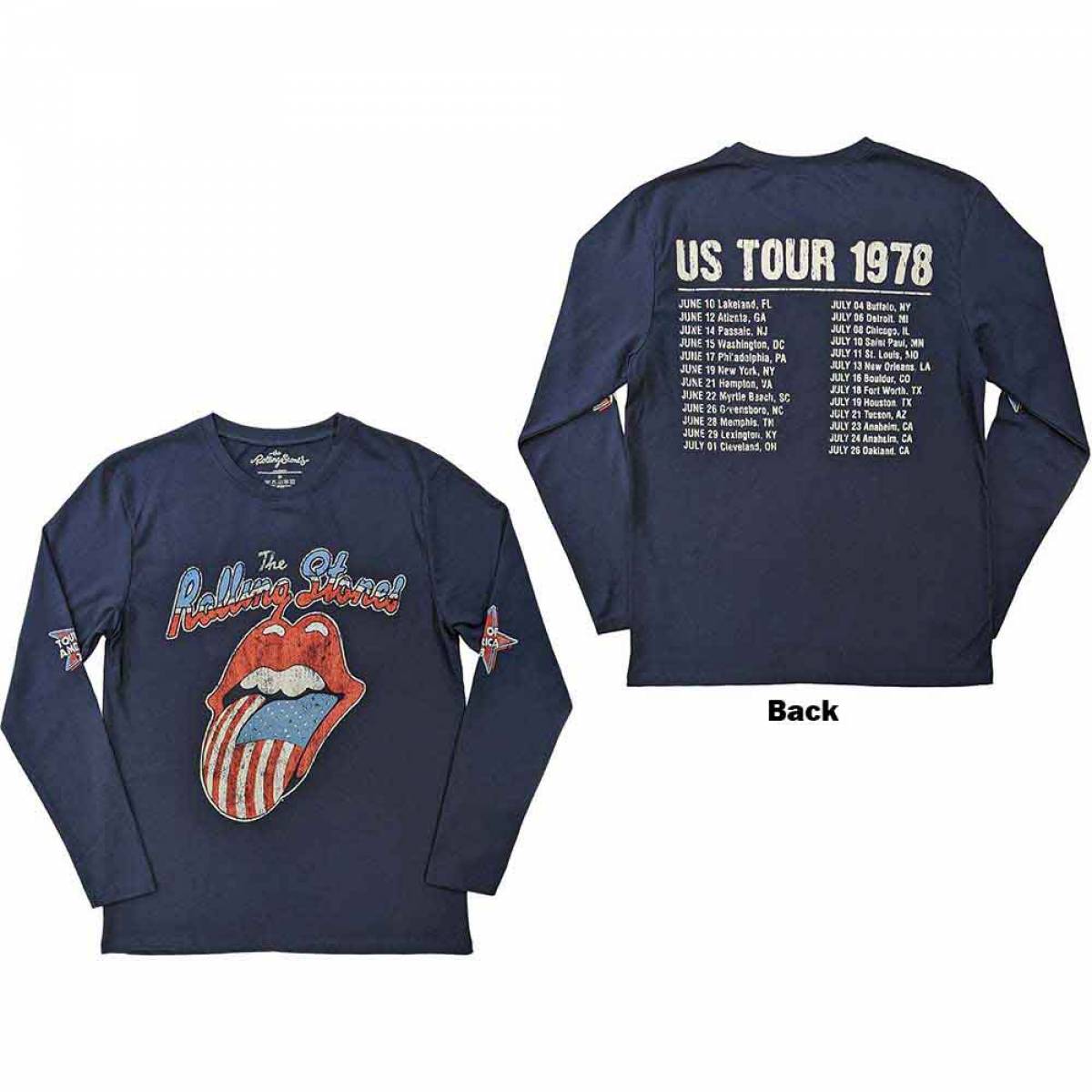 【予約商品】THE ROLLING STONES Unisex Long Sleeve バンドTシャツ: US Tour '78 (Navy Blue) (Back & Sleeve Print) - NAVY BLUE