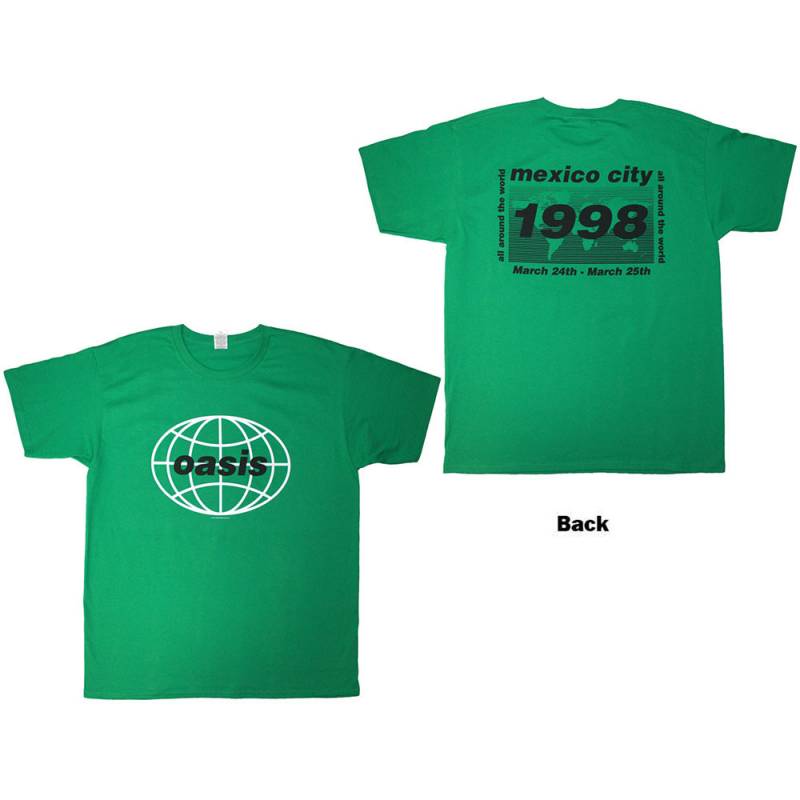 【予約商品】OASIS バンドTシャツ ユニセックス: 1998 World Tour - Mexico City (Green) (Back Print)