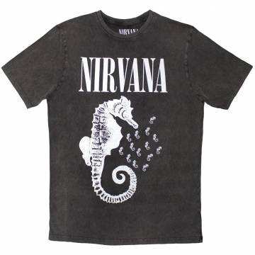 【予約商品】NIRVANA Unisex Stone Wash バンドTシャツ: Seahorse & Logo Mono (Charcoal Grey) - CHARCOAL GREY