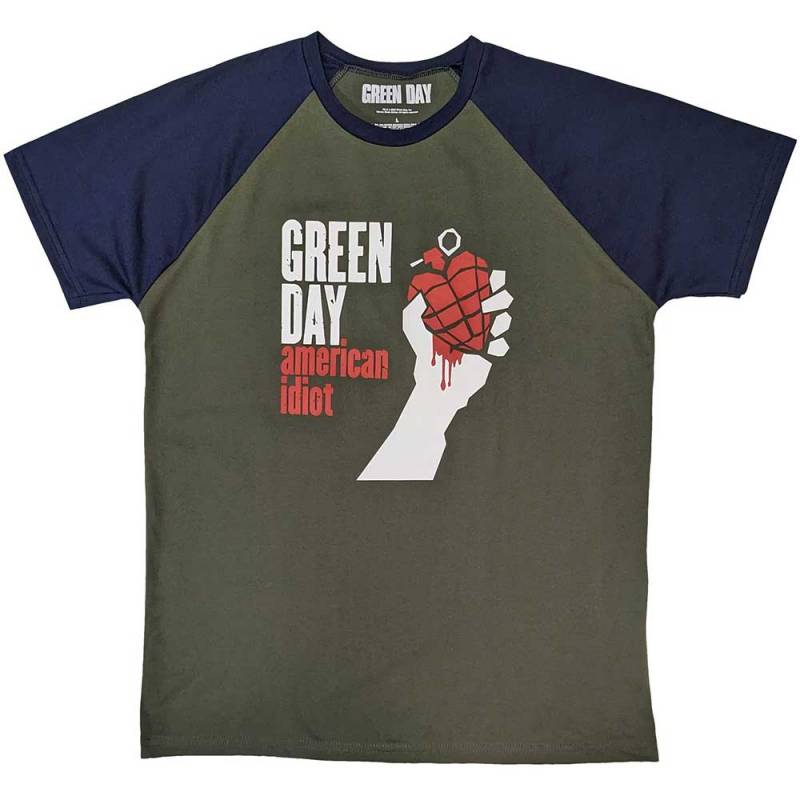 【予約商品】GREEN DAY Unisex Raglan バンドTシャツ: American Idiot (Khaki Green & Navy Blue) - KHAKI GREEN & NAVY BLUE