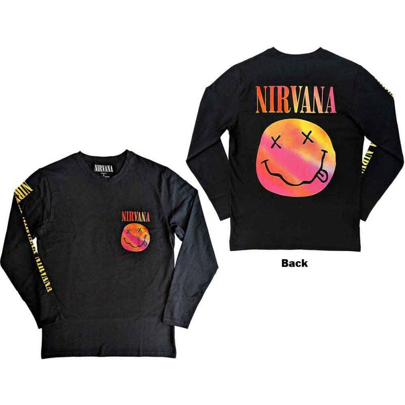 【予約商品】NIRVANA Unisex Long Sleeve バンドTシャツ: Gradient Happy Face (Black) (Back & Sleeve Print)