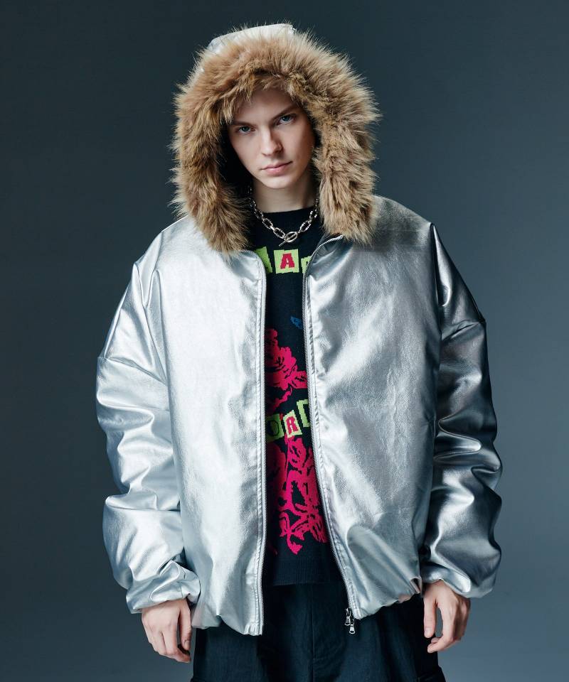 【予約商品】glamb(グラム) Synth Leather Puff Jacket / シンセレザーパフジャケット - Silver