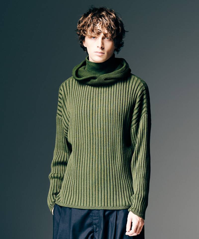 【予約商品】glamb(グラム) Stripe Rib Knit Hoodie / ストライプリブニットフーディー - Khaki