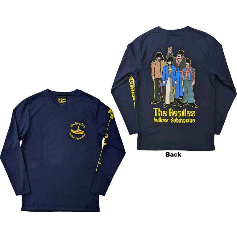 【予約商品】THE BEATLES Unisex Long Sleeve バンドTシャツ: Yellow Submarine Band (Navy Blue) (Back & Sleeve Print)