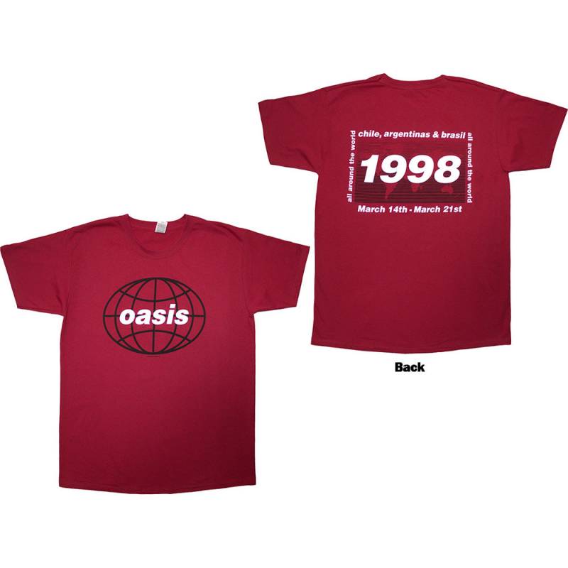 【予約商品】OASIS バンドTシャツ ユニセックス: 1998 World Tour - South America (Red) (Back Print)