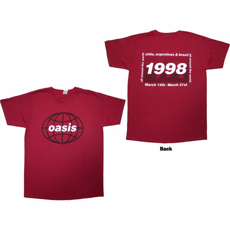 【予約商品】OASIS バンドTシャツ ユニセックス: 1998 World Tour - South America (Red) (Back Print)