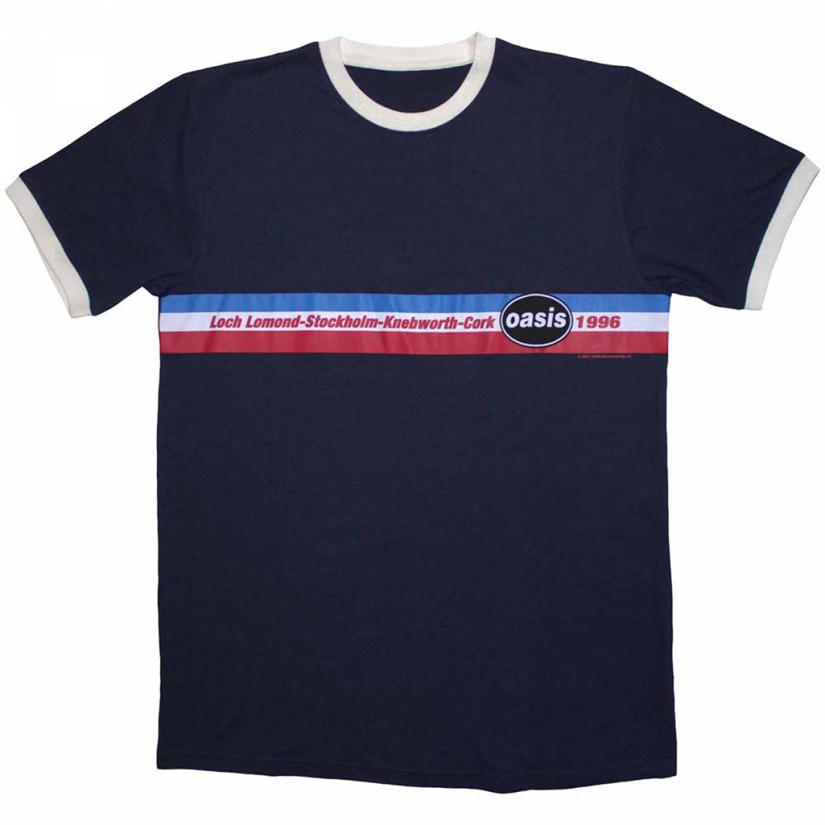 【予約商品】OASIS Unisex Ringer バンドTシャツ: 1996 Tour Horizontal Stripes Ringer - NAVY BLUE