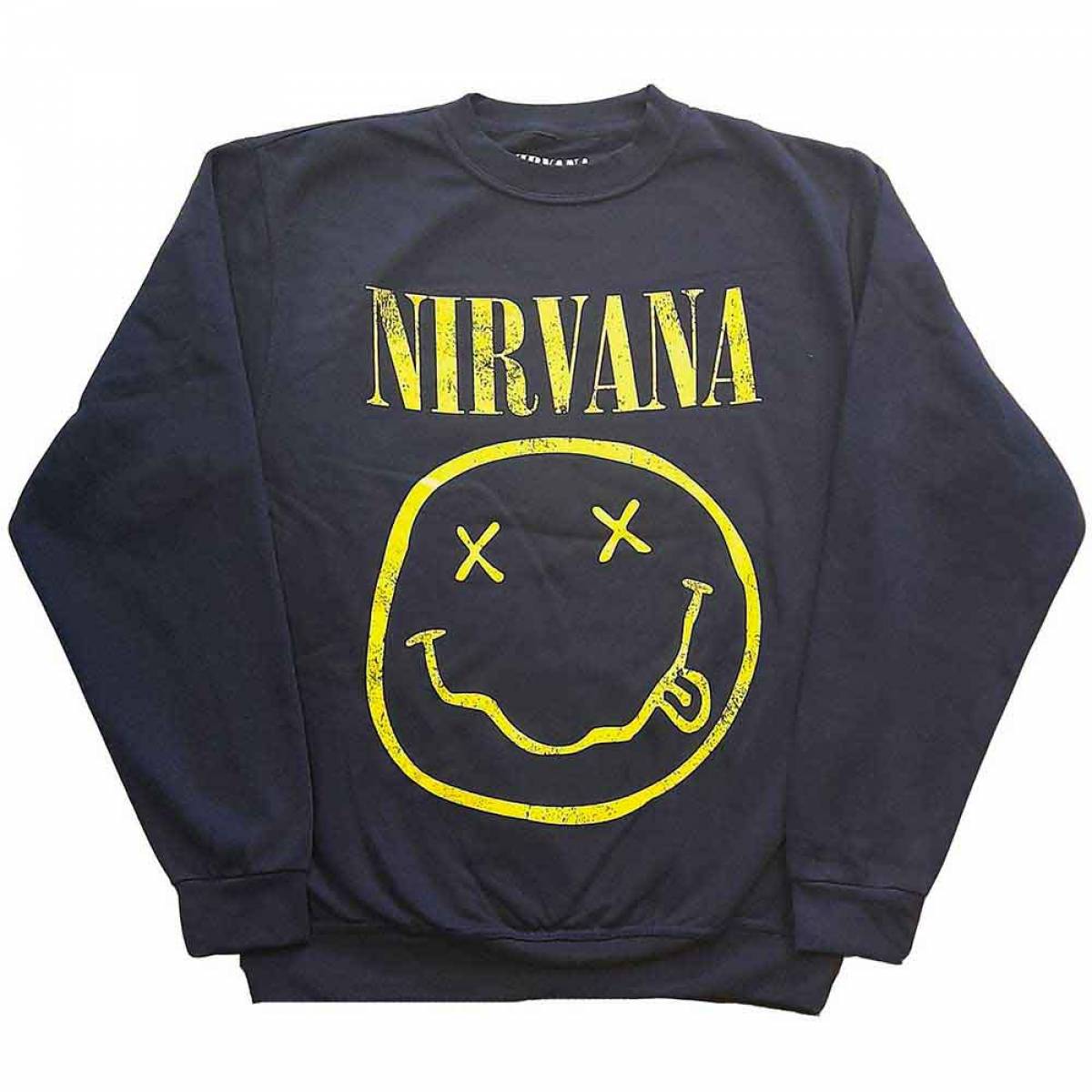 【予約商品】NIRVANA Unisex Sweatshirt: Yellow Happy Face (Navy Blue) - NAVY BLUE