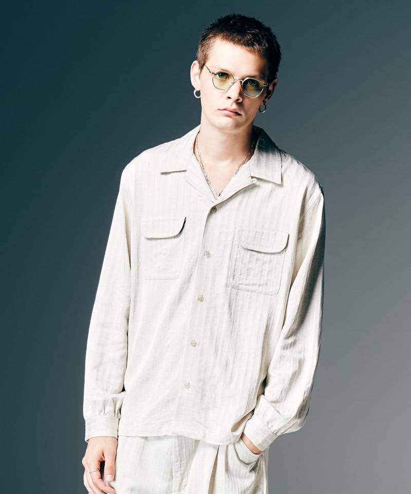 【予約商品】glamb(グラム)Stripe Jacquard Linen Shirt / ストライプジャガードリネンシャツ - White