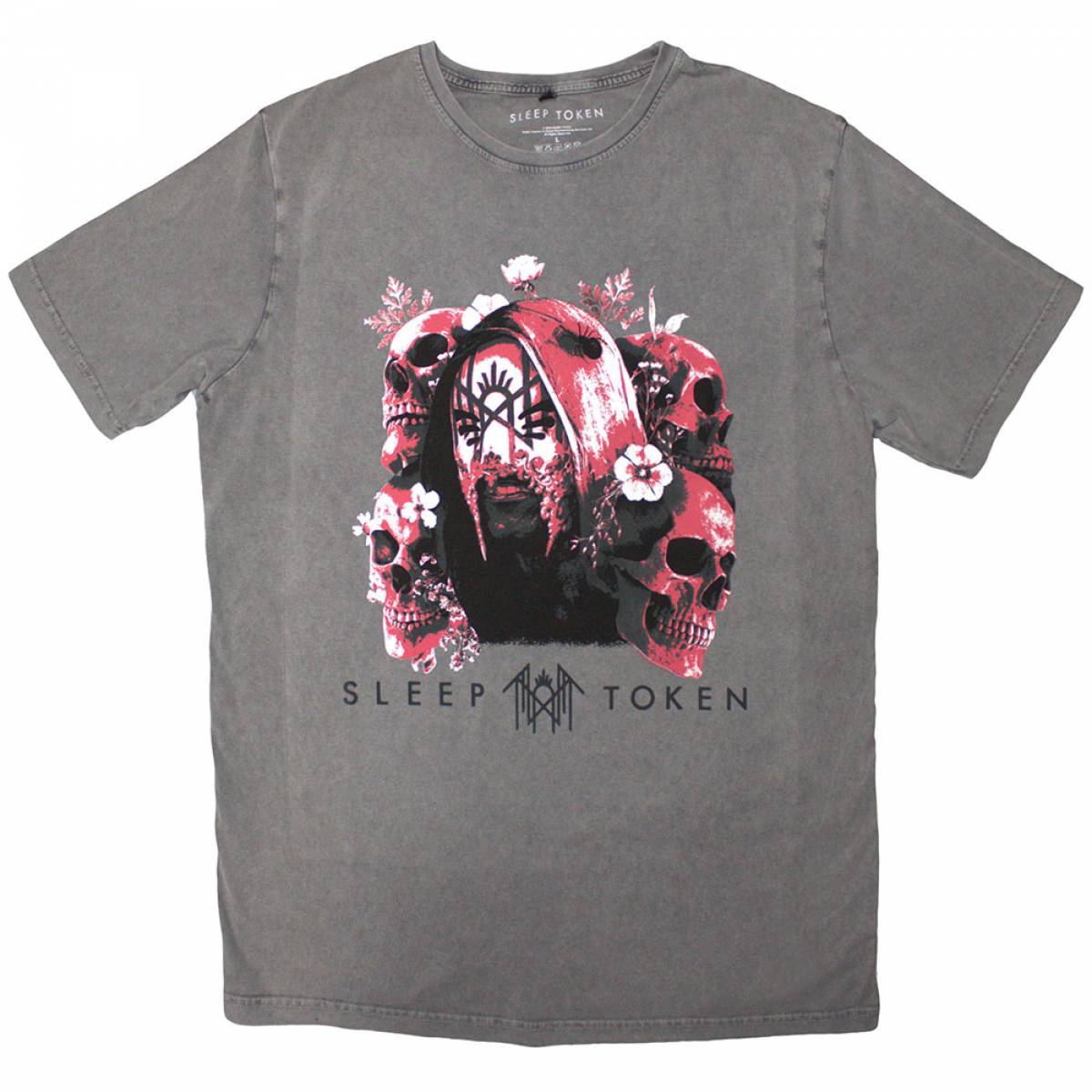 【予約商品】SLEEP TOKEN Unisex Stone Wash バンドTシャツ: Skulls & Flowers (Grey) - GREY